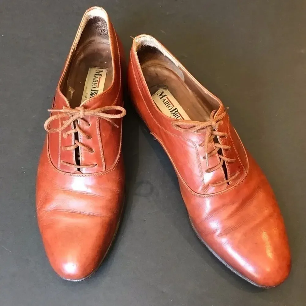 Mario Bruni Made in Italy Lace-Up Brown Leather Oxford Shoes, Size 9.5